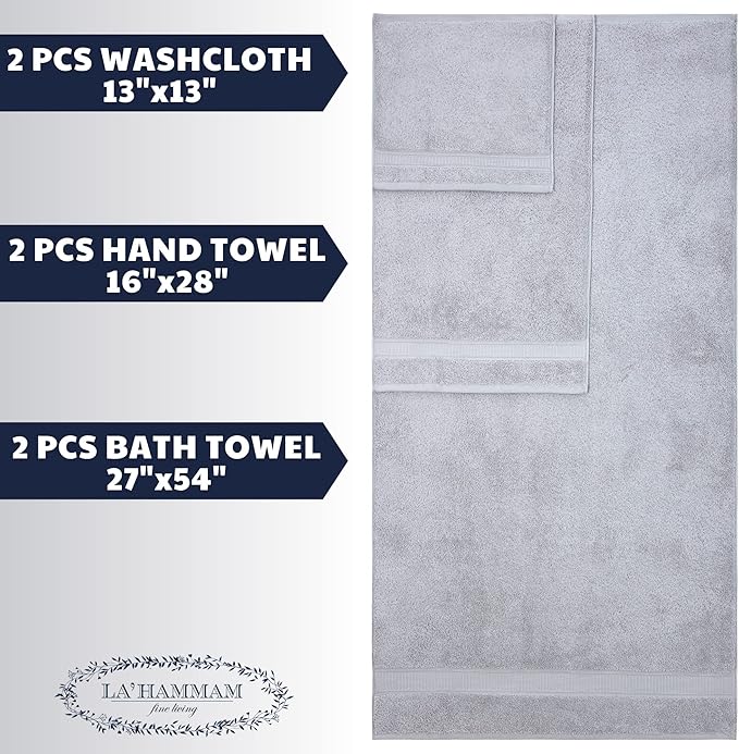 Personalized Towels, Hotel & Spa Quality, Super Soft, Highly Absorbent, Bathroom Sets, 100% Cotton Monogrammed towels 6 Piece Towel Set, Includes 2 Bath Towels, 2 Hand Towels, 2 Washcloths, Light Grey