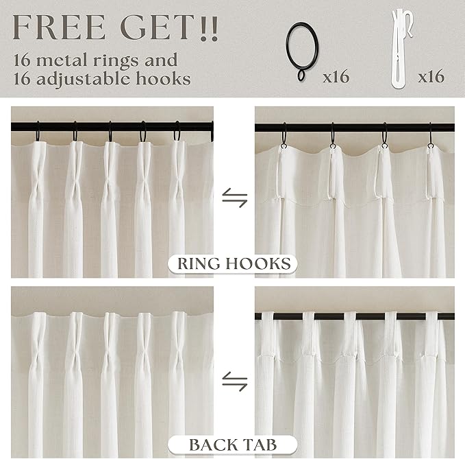 Cream Ivory Pinch Pleat Linen Short Curtains 54 Inch Long for Kitchen Pleated Hooks Rings Back Tab Light Filtering Boho Farmhouse Semi Sheer 54 Inch Curtain for Dining Room Bedroom Small Window