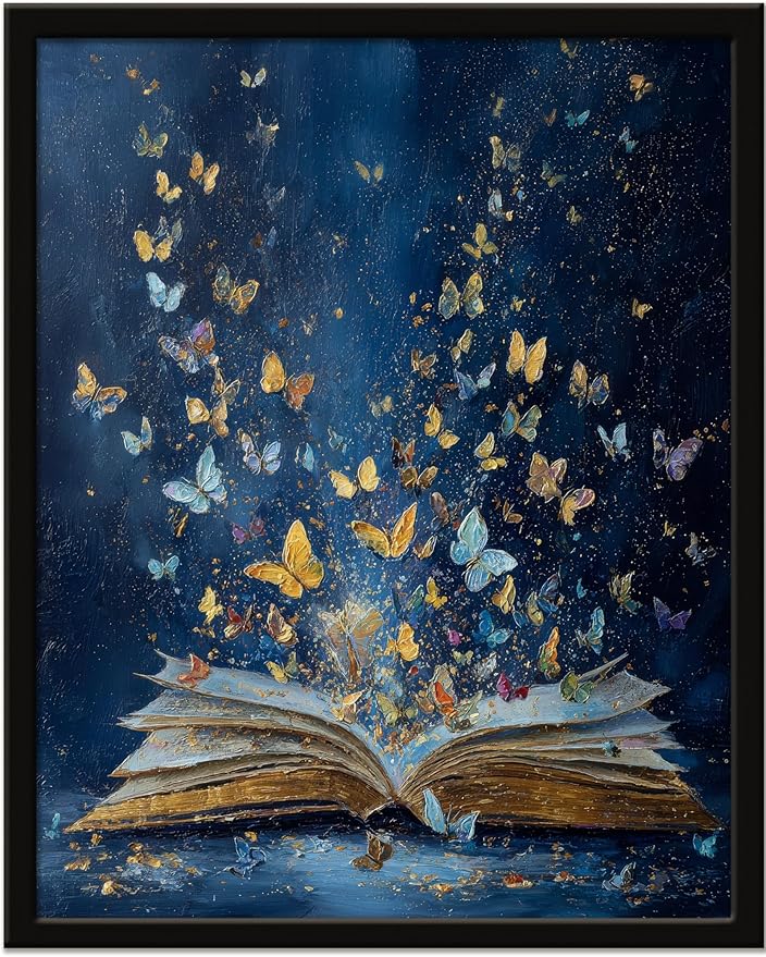 Wall Art Prints Colorful Butterfly Emerging From Book Poster Canvas Art Wall Decor Picture For Bedroom Dorm Library Reading Room Bathroom Wall Decor Aesthetic Home Artwork 8" × 10" With Framed