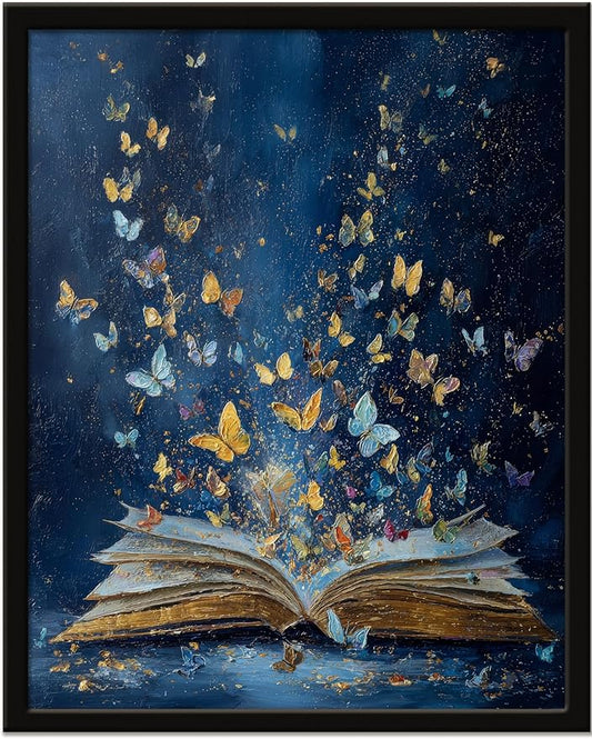 Wall Art Prints Colorful Butterfly Emerging From Book Poster Canvas Art Wall Decor Picture For Bedroom Dorm Library Reading Room Bathroom Wall Decor Aesthetic Home Artwork 8" × 10" With Framed