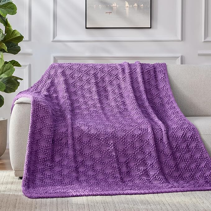 Knitted Weighted Blanket for Adult, Chunky Knit Weighted Throw for Sleep 60"*80" 15lbs, Cooling Breathable Machine Washable Heavy Blanket for Room Decor (Purple, Queen)