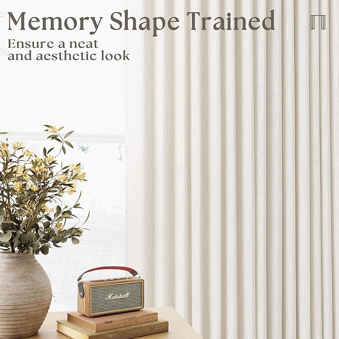 Cream Ivory Pinch Pleat Linen Short Curtains 54 Inch Long for Kitchen Pleated Hooks Rings Back Tab Light Filtering Boho Farmhouse Semi Sheer 54 Inch Curtain for Dining Room Bedroom Small Window