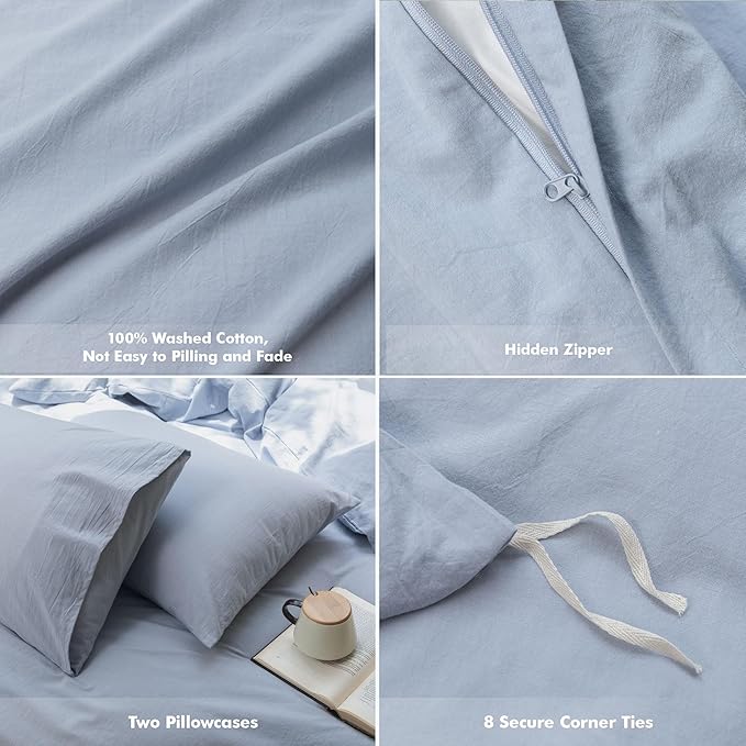 FOSSA Duvet Cover Set 100% Washed Cotton Linen Feel Super Soft Breathable Cozy 3 Pieces Bedding Sets Solid Cornflower Blue California King