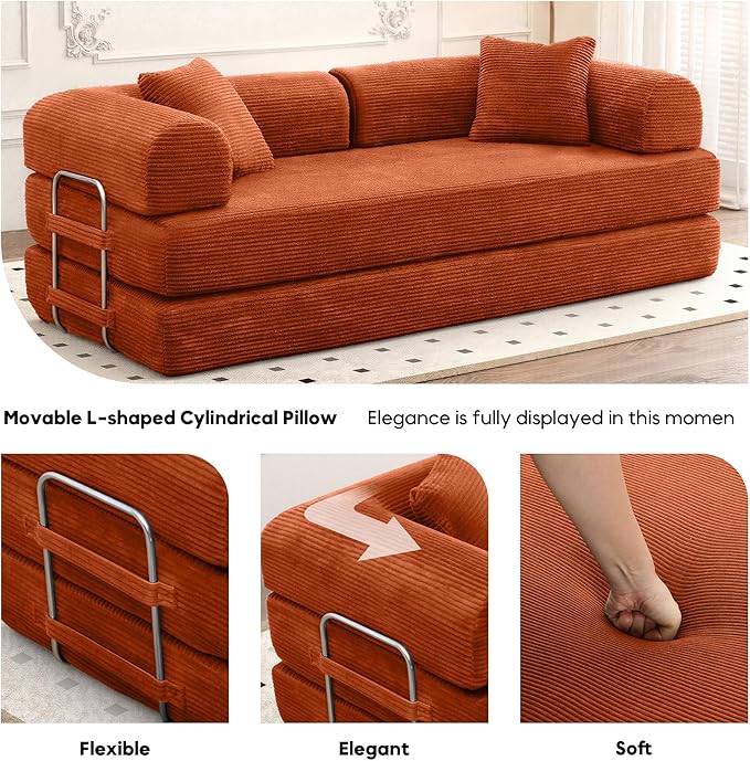Convertible Sleeper Sofa Bed, Corduroy Floor Couch with Fixed-Shape Frame, Comfy Modular Floor Sofa with Pull Out Bed, Loveseat Sleeper Boneless Couch for Living Room, Orange