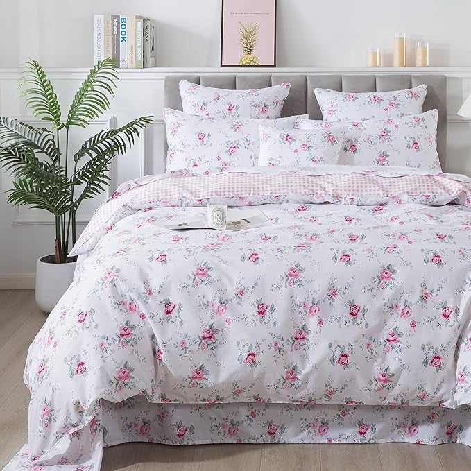 FADFAY Rose Duvet Cover Set Pink Floral Bedding Vintage Botanical Flower Quilt Cover Rustic Farmhouse Bedding 100% Cotton Comforter Cover with Hidden Zipper Closure 3Pcs, King/California King Size