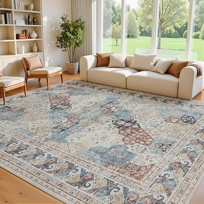 RCTJHOME 9'x12' Washable Area Rugs for Larger Living Room/Spacious Bedroom, Ultra Soft Non-Slip Accent Carpet, Dining Room,Larger Home Office, Low Pile Persian Rug Cream Beige Blue Colorful