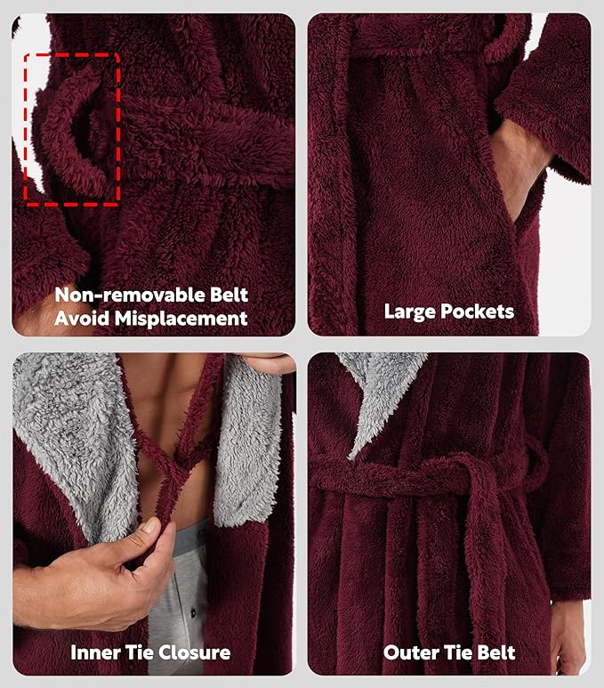 DAVID ARCHY Men's Hooded Robe Soft Coral Fleece Microfiber Bathrobe