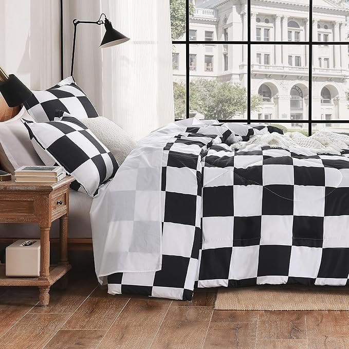 Andency Checkered Comforter Queen(90x90Inch), Black White Plaid Gingham Bed Set for Teen Boys Kids, Lightweight Microfiber Geometric Preppy Bedding, 3 Pieces