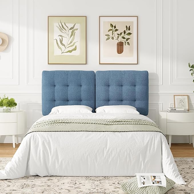 Upholstered Headboard Queen Size, Adjustable Height Queen Headboard Only from 39”to 44”with Durable Solid Wood Legs, Modern Button Diamond Fabric Bed Head Board with Width Adapters, Blue