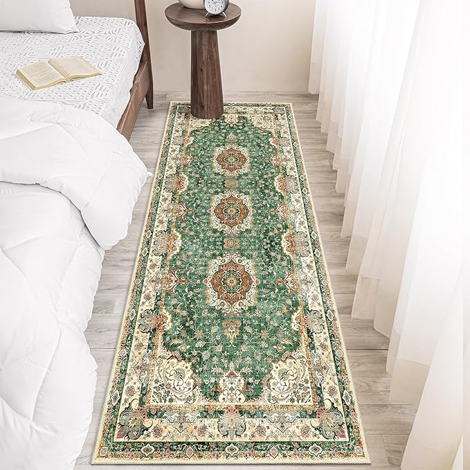 Washable Runner Rug 2'x6',Green Rug Runners Non Slip,Long Boho Rugs for Hallways Kitchen Bathroom Bedroom Entryway,Vintage Bohemian Distressed Floor Carpet,Retro Sage Floral