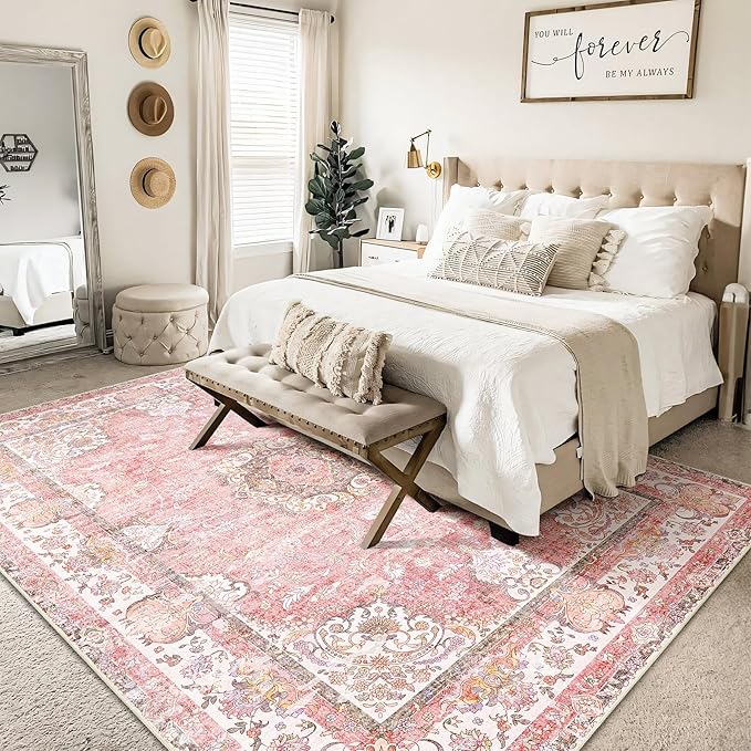 5'x7' Area Rugs Washable,Pink Rug for Living Room Bedroom,Large Boho Vintage Bohemian Distressed Oriental Carpet Non Slip,Blush Floral Flowers
