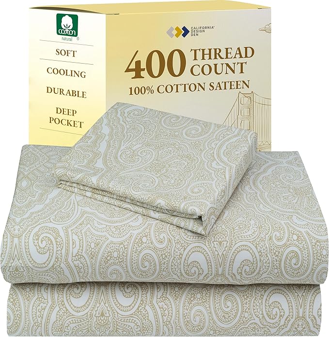 California Design Den Deep Pocket Twin Sheets Set - 400 Thread Count Sateen, Natural 100% Cotton Sheets, and Durable Bedding Set - Paisley Beige CaliforniaDesignDen