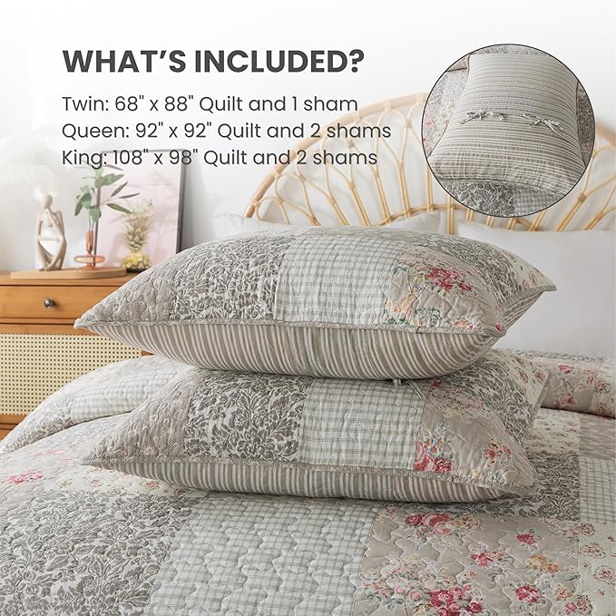 SLPR Walk in The Cotswolds Patchwork Cotton Pieced Quilt Set - Twin Size with 1 Sham, Neutral Floral & Cream Cottage Quilted Bedspread, French Country Farmhouse Bedding for All Seasons