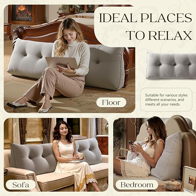 WOWMAX 85% Linen 15% Cotton Blend Headboard Pillow – Queen Size Reading Wedge Backrest for Bed, Handmade Firm Support Bolster Cushion with Removable Cover, Premium Bed Rest Pillow, Black