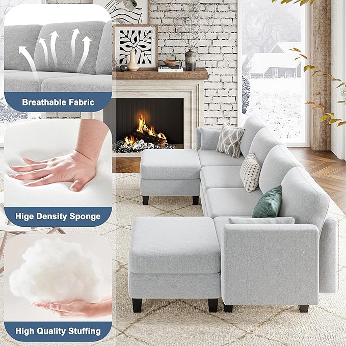 Modular Sectional Sofa, Convertible U Shaped Sofa Couch with High Density Memory Foam, 6 Seat Comfy Modular Sofa Couch for Living Room, Modern U Shaped Sectional Sofa, Lightgrey