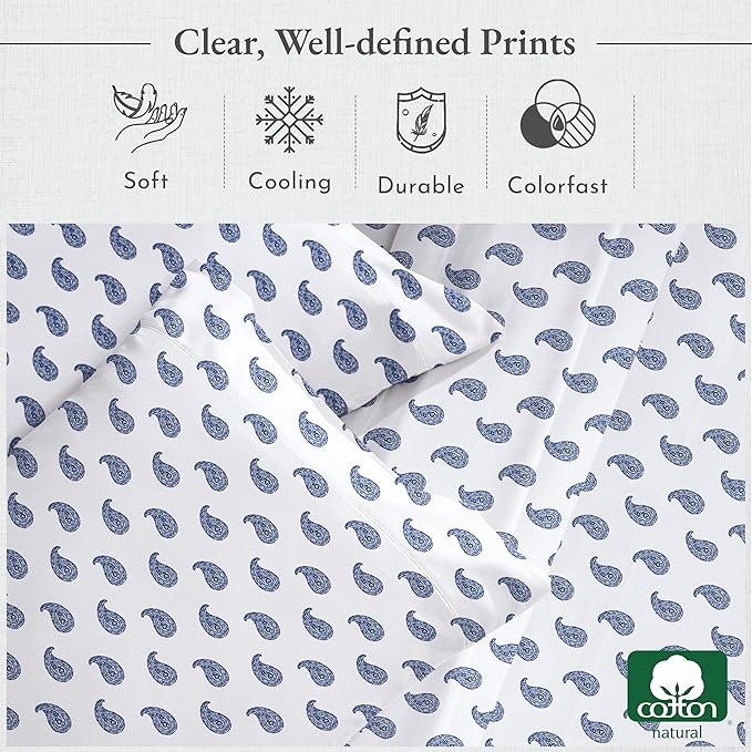 California Design Den Deep Pocket Twin Sheets Set - 400 Thread Count Sateen, Natural 100% Cotton Sheets, and Durable Bedding Set - Paisley Blue CaliforniaDesignDen