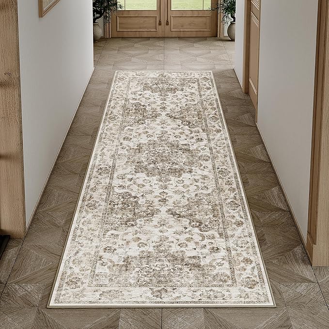 2x6 Washable Neutral Runner Rug Brown Vintage Hallway Kitchen Carpet Non-Slip Soft Low Pile Floral Throw Rug for Bedroom Bathroom Laundry Living Room