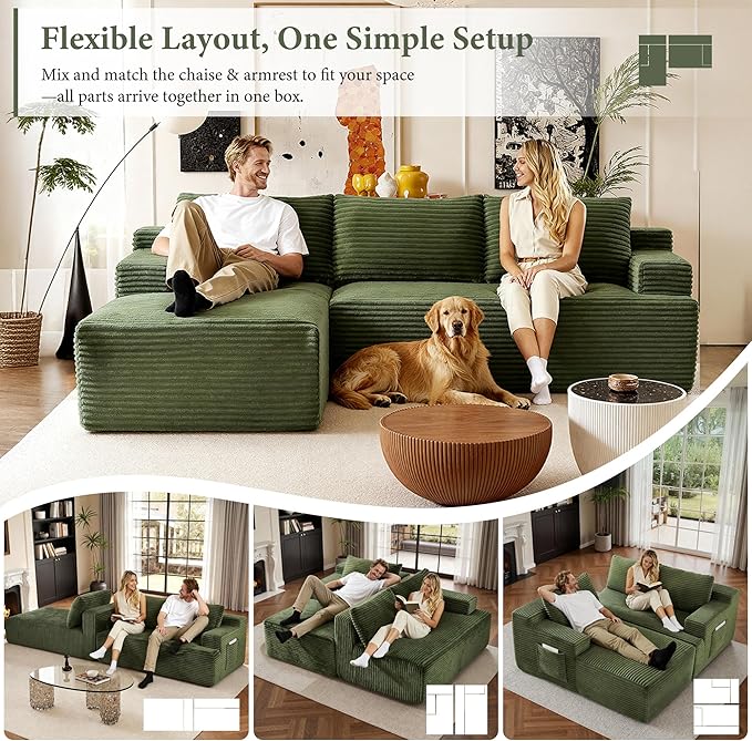 96''Sectional Couches for Living Room,Modern Modular Sectional Sofa,Upholstered Boneless Couch with Pockets,Comfy Cloud Couch with L Shaped Chaise (Green, 96''W Left Facing Chaise)