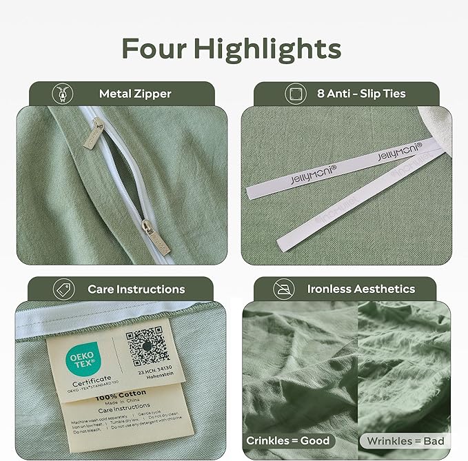 JELLYMONI Washed Cotton Duvet Cover Set Queen Size,Sage Green - Super Soft & Breathable Bedding Comforter Cover with Zipper, for Modern Home, Guest Room, and Everyday Use,1 Duvet Cover & 2 Pillowcases