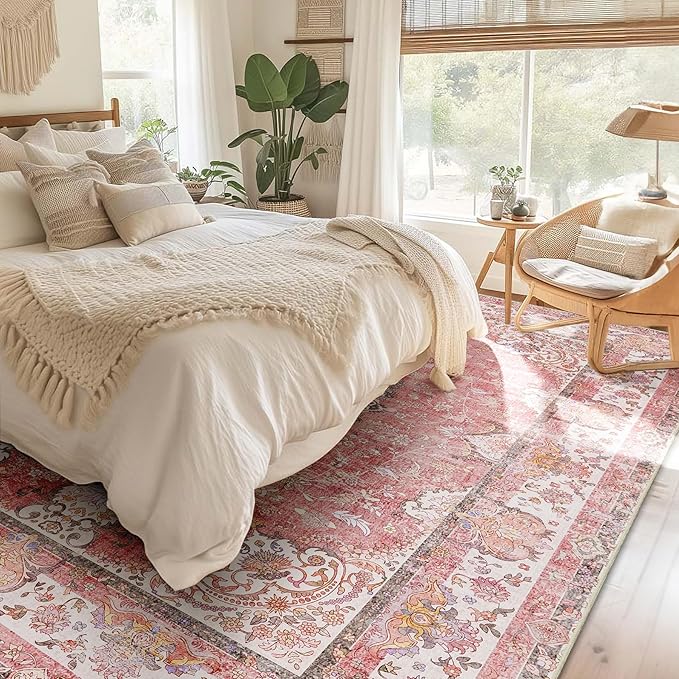 9'x12' Area Rugs Washable,Large Pink Rug for Living Room Bedroom Dining Room,Boho Vintage Bohemian Distressed Oriental Carpet Non Slip,Blush Floral Flowers