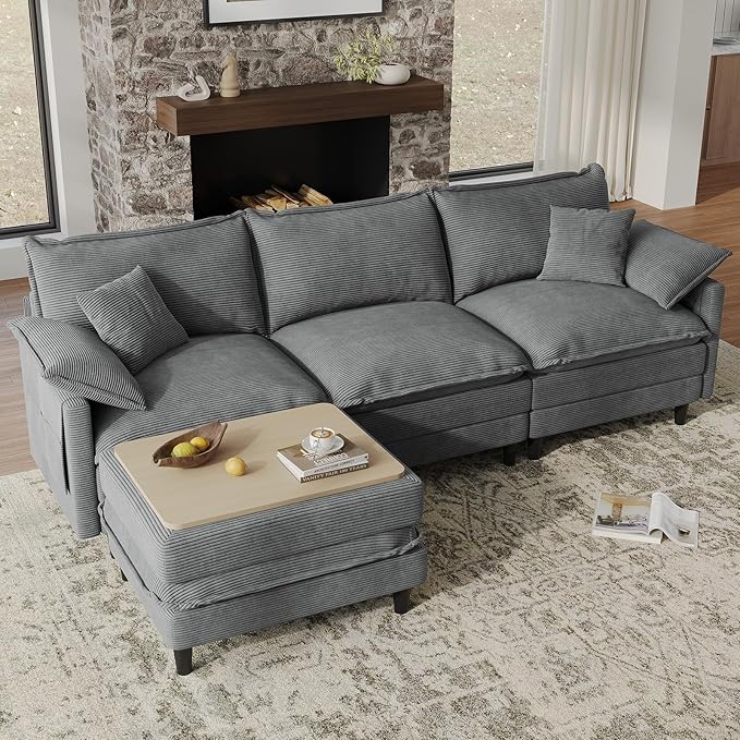 108" L Shaped Modular Sectional Cloud Couch with Ottoman, Snap-on Easy Installation 3 Seater Deep Seat Sofa with Storage Bag and Coffee Table for Living Room, Corduroy, Gray