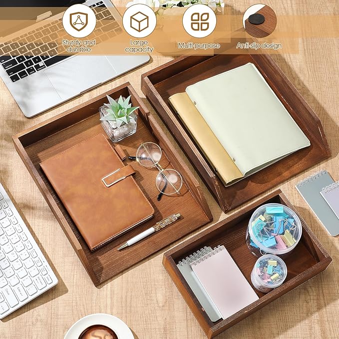 3 Pcs Wooden Letter Trays, Wood Letter-Size Desk Organizer, Heavy Duty 3 Tier Stackable Support Paper Tray Tabletop Inbox Drawer Desktop Organizer for File Folder Magazine Office(Brown)