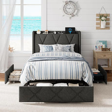 Twin Bed Frame with 4 Storage Drawers, Upholstered Platform Bed with Charging Station, Modern Wingback Storage Headboard, Easy Assembly,Noise-Free, Dark Gray