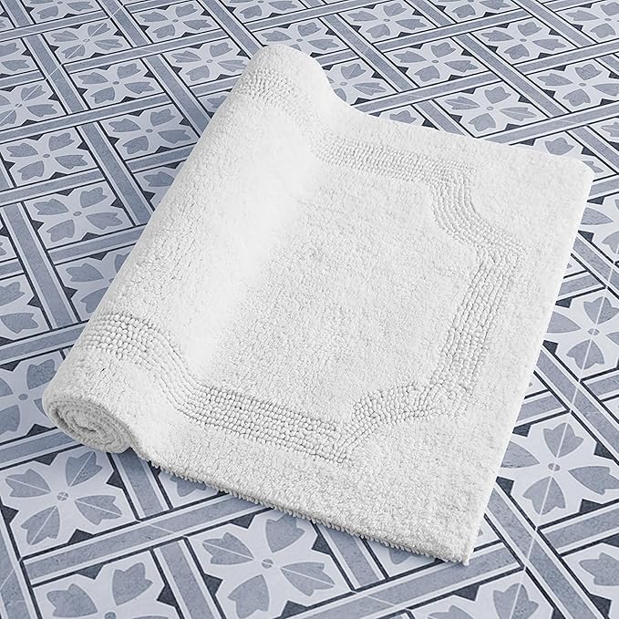 Laura Ashley - Reversible Cotton Bath Mat, Premium Bathroom Décor, Machine Washable Bathroom Rug, Highly Absorbent, 17"x24", White