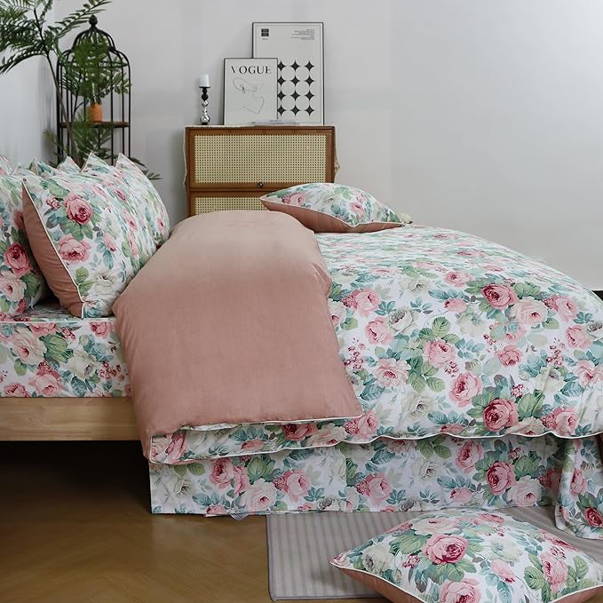 FADFAY Duvet Cover Set Queen Pink Rose Floral Bedding French Country Peony Flower Quilt Cover Set Vintage Farmhouse Bedding 100% Cotton Comforter Cover with Hidden Zipper Closure 3Pcs, Queen Size