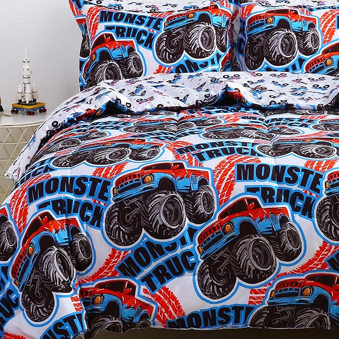 Viviland Kids Twin Bedding Sets for Boys, Soft Twin Comforter Set with Sheets, 5 Pieces Microfiber Bed in a Bag, Monster Truck