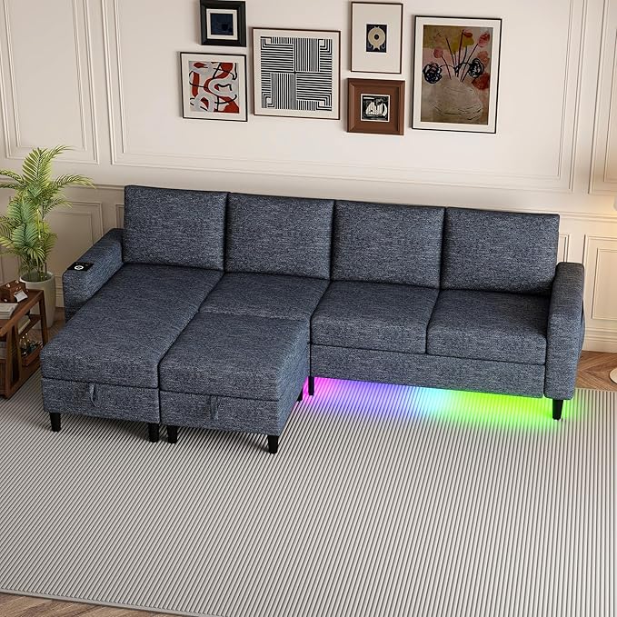 Sectional Couches for Living Room, 4 Seat Sectional Sofa with Smart Module-Wireless Charging/USB/Type-C/RGB Light, U Shaped Couch with Reversible Chaise Lounge/Storage Ottoman (Blue)