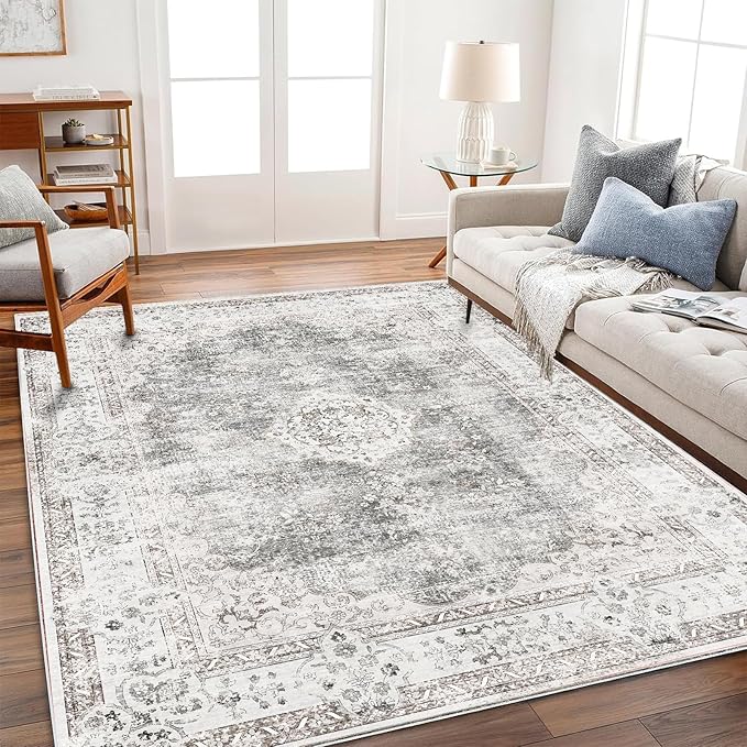 Washable Area Rug 4'x6' Vintage Traditional Floor Cover Foldable Thin Rugs Retro Kitchen Indoor Distressed Non Slip Carpet Floral Print Mat Bedroom Living Room