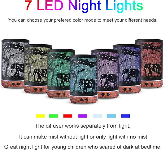 Essential Oils Diffuser,Aromatherapy Diffuser,Birthday Gifts for Women Mom Grandma,Metal Cool Mist Humidifier with 7 Colors Lights Waterless Auto Off Air Diffusers（Elephant）