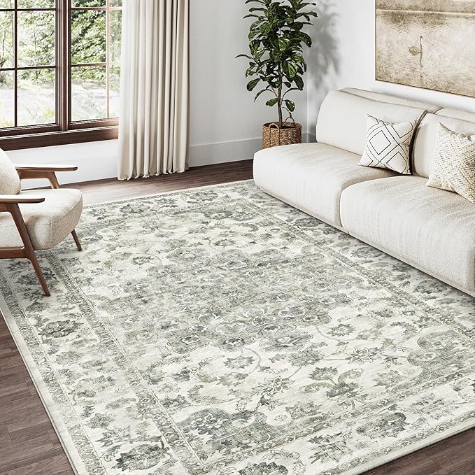 3x5 Washable Neutral Area Rug Green Vintage Entryway Office Carpet Non-Slip Soft Low Pile Floral Throw Rug for Entrance Living Room Bathroom Dining Room