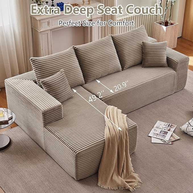 107" Cloud Sectional Couch with L-Shape Chaise, Modern Modular Comfy Sofa with Deep Seat, Upholstered Corduroy Couches Sleeper Chaise Longue for Living Room Bedroom, No Assembly Required, Camel