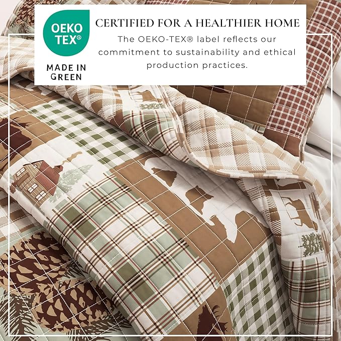 Great Bay Home Rustic Cabin Full/Queen Size Quilt Set with Shams - All-Season, Lightweight, Reversible Bedspread - Lodge-Themed Summer Bedding Sets (Full/Queen, Hemlock Green/Brown)
