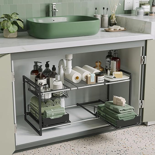 NETEL Under Sink Organizers and Storage,Kitchen Cabinet Organizer,2 Tier Under Sink Expandable Shelves，Bathroom Cabinet Organizer with Pull Out Drawers,(30.9-31.64)" W x 14.69" D x 15.83" H,Black