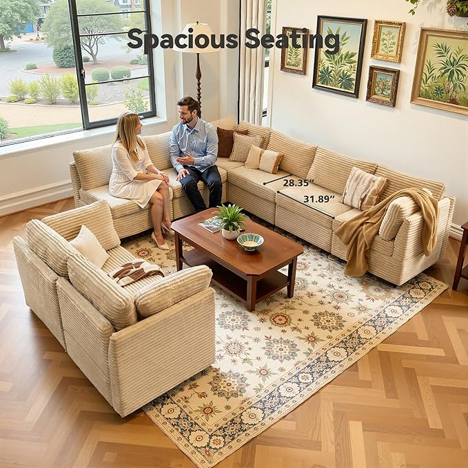 Large 8 Seat Modular Sectional Sofa with Ottoman Seat Corduroy Sleeper Sectional Sofa Bed Oversized Convertible Modular Couch for Living Room