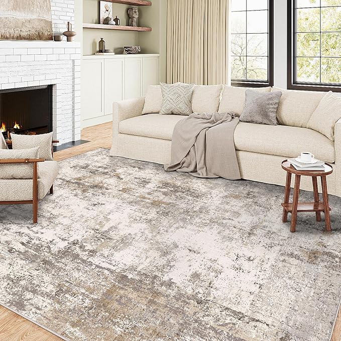 5x7 Washable Area Rug Brown Grey Abstract Living Room Bedroom Throw Rug Neutral Modern Non Slip Soft Low Pile Indoor Carpet for Dining Room Office Entryway