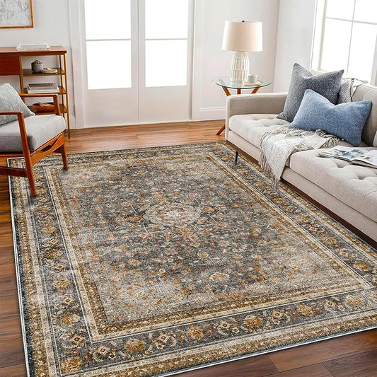 Area Rug 5'x7' Washable Rug Traditional Floor Cover Thin Retro Kitchen Indoor Distressed Non Slip Carpet for Living Room Bedroom Dining Room