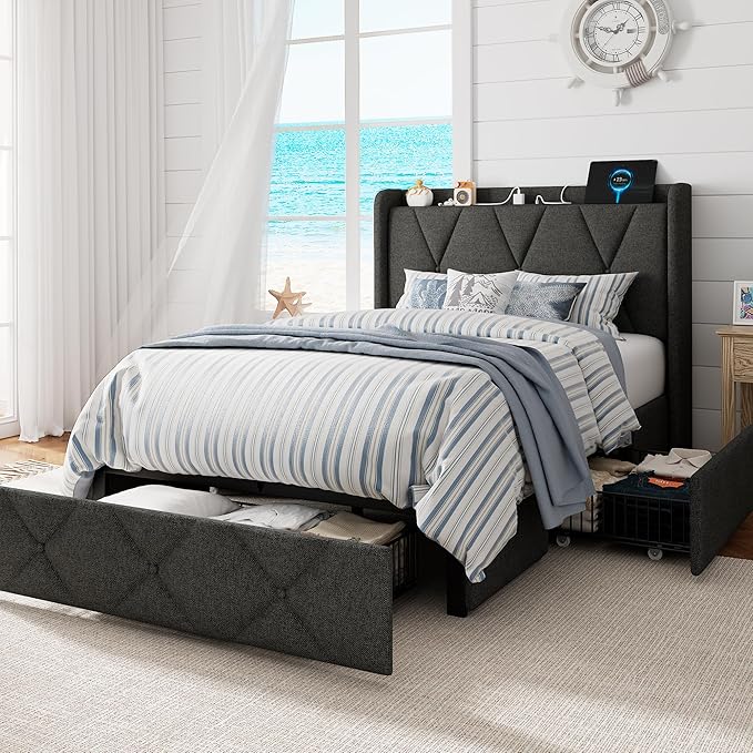 Twin Bed Frame with 4 Storage Drawers, Upholstered Platform Bed with Charging Station, Modern Wingback Storage Headboard, Easy Assembly,Noise-Free, Dark Gray