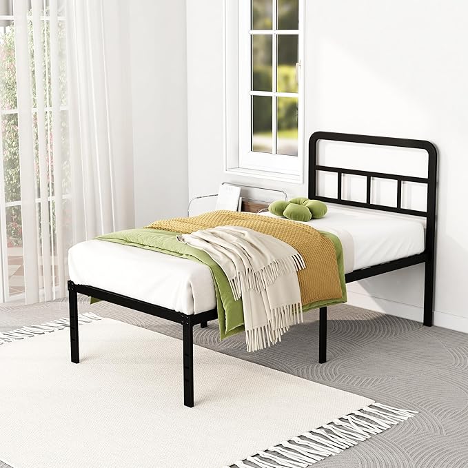 18 Inch Twin XL Bed Frame with Headboard No Box Spring Needed Metal Platform Heavy Duty Steel Slat Mattress Foundation/Easy Assembly/Noise Free/Black