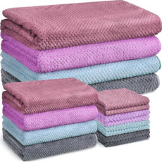 Preboun 12 Pcs Bath Towels and Washcloths 4 Sets Microfiber Bathroom Beach Pool Towel Set Quick Dry Coral Velvet Highly Absorbent for Fitness Sports Shower Travel Spa Hotel(4 Colors)