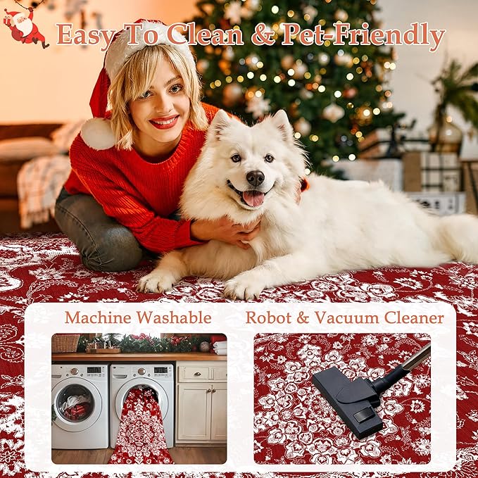 Christmas 6x9 Area Rug Red Xmas Floral Living Room Rug Washable Non Slip Soft Low Pile Lightweight Neutral Carpet for Kitchen Bedroom Dining Room Bathroom