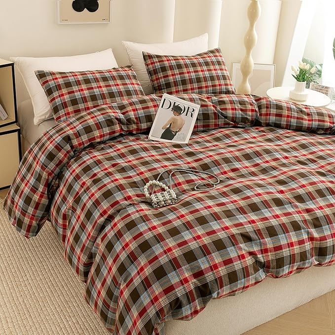ECOCOTT Buffalo Plaid Duvet Cover Queen Size– 3 Piece Washed Cotton Bedding Set with Classic Checkered Pattern, Red & Brown Duvet Cover with Pillowcases for All Seasons