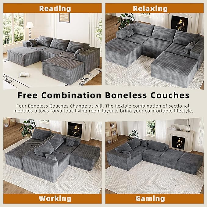 110" Cloud Couch Sectional for Living Room U-Shape Boneless Couches Modular Sectional Sofa with Deep Seat with Chaise,No Assembly Required, Carbon Gray(Plush Corduroy Fabric)