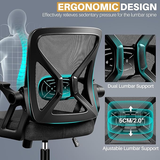 FelixKing Office Chair - Ergonomic Desk Chair Breathable Mesh Task with Wheels and Lumbar Support Home Desk Office Chairs with Flip up Armrest Rolling Swivel for Home Computer Black Pack of 6