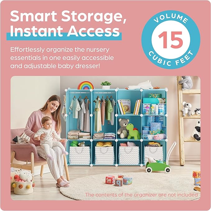 Baby Closet Organizer for Nursery - Durable Baby Wardrobe Armoire for Closet - Customizable Dresser Shelves - Waterproof Shelf Clothes Organizer w/Wall Fixation (Blue)