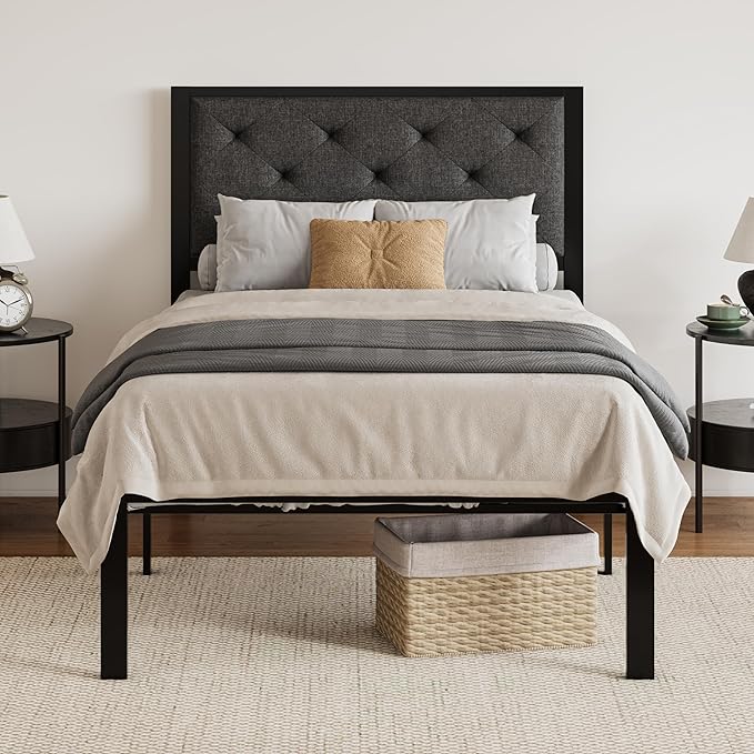SHA CERLIN Twin Size Metal Platform Bed Frame,Linen Upholstered Button Tufted Headboard, Mattress Foundation with 12.4” Under-Bed Storage, Noise-Free, Easy Assembly, No Box Spring Needed, Dark Grey