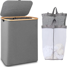 150L Laundry Hamper with Lid-Large Laundry Basket with Bamboo Handles, Grey Hampers for Laundry, Dirty Clothes Hamper with 2 Removable Inner Bags for Clothes Toys Towels